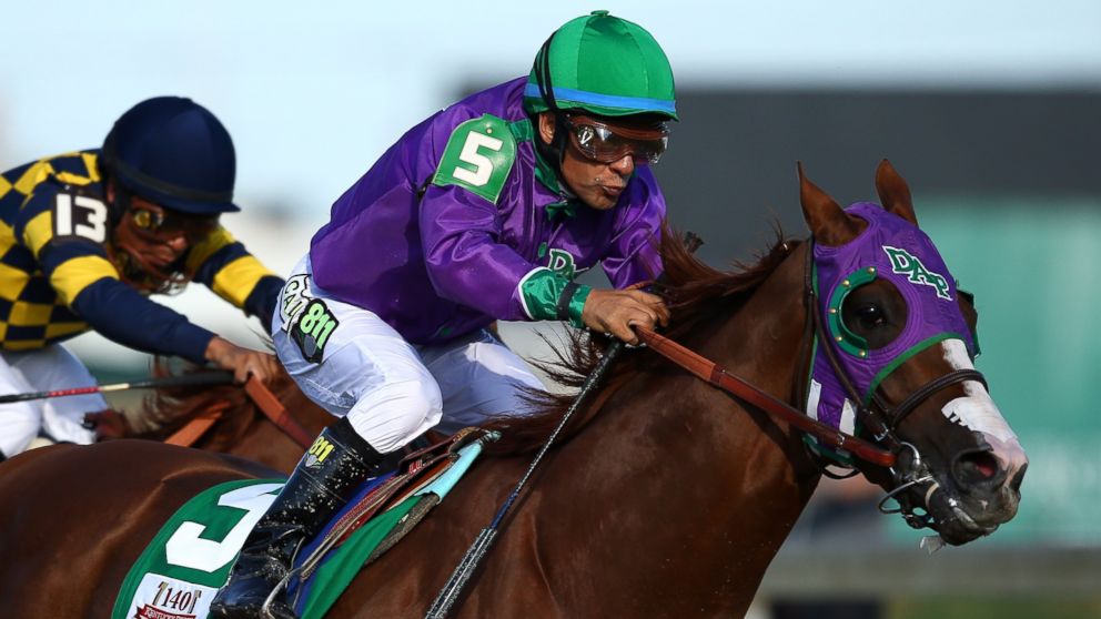 PHOTO: Jockey Victor Espinoza guides California Chrome #5 to the finish line to win the 140th running of the Kentucky Derby at Churchill Downs on May 3, 2014 in Louisville, Kentucky. 
