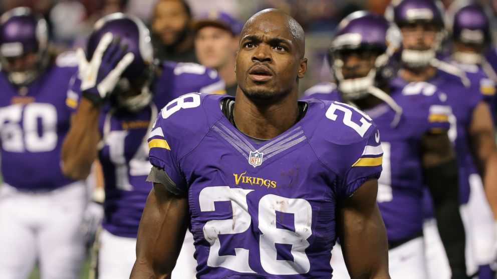 Adrian Peterson #28 of the Minnesota Vikings enters the field during an NFL game against the Washington Redskins at Mall of America Field, on Nov. 7, 2013 in Minneapolis, Minn. 