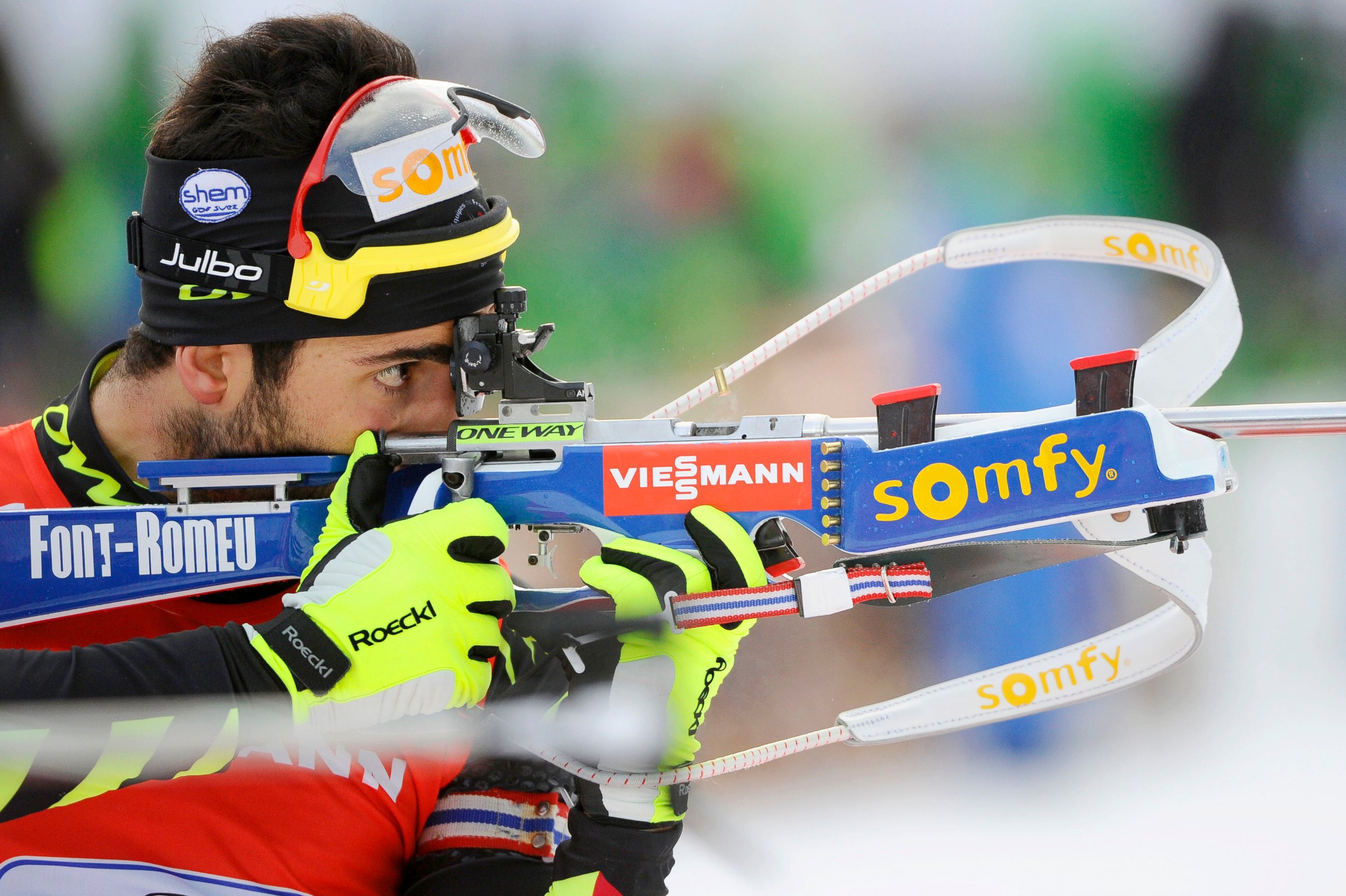 PHOTO: Martin Fourcade of France takes 1st place during the IBU Biathlon World Cup Men's and Women's Relay, Jan. 19, 2014, in Antholz-Anterselva, Italy.