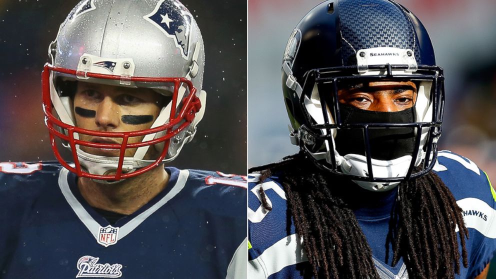 Tom Brady, left, is pictured on Jan. 18, 2015 in Foxboro, Mass. Richard Sherman, right, is pictured on Jan. 18, 2015 in Seattle, Wash.
