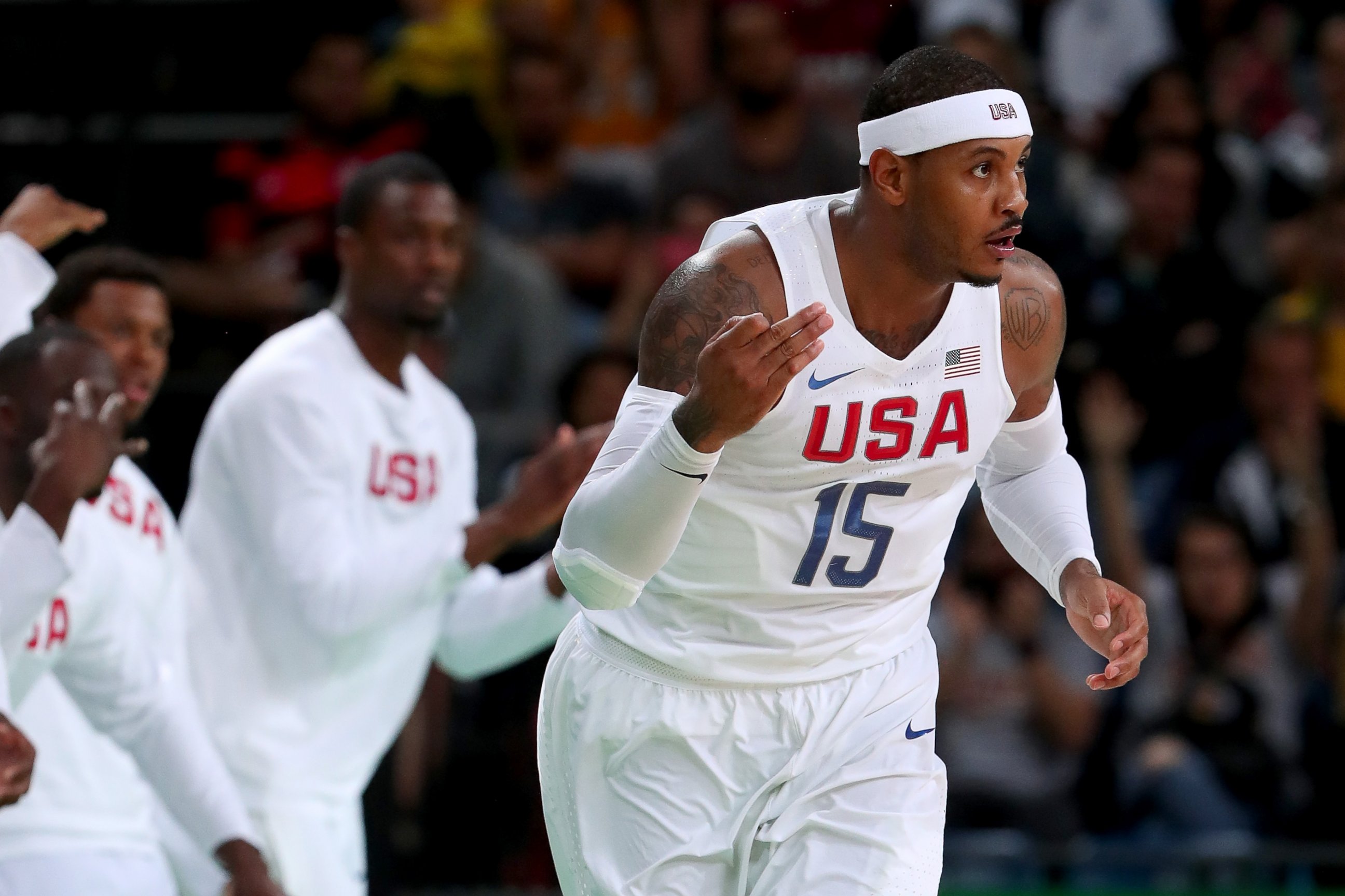 PHOTO: Carmelo Anthony #15 of United States reacts after making a three-pointer while taking on Serbia at the Olympic Games on Aug. 12, 2016, in Rio de Janeiro.  