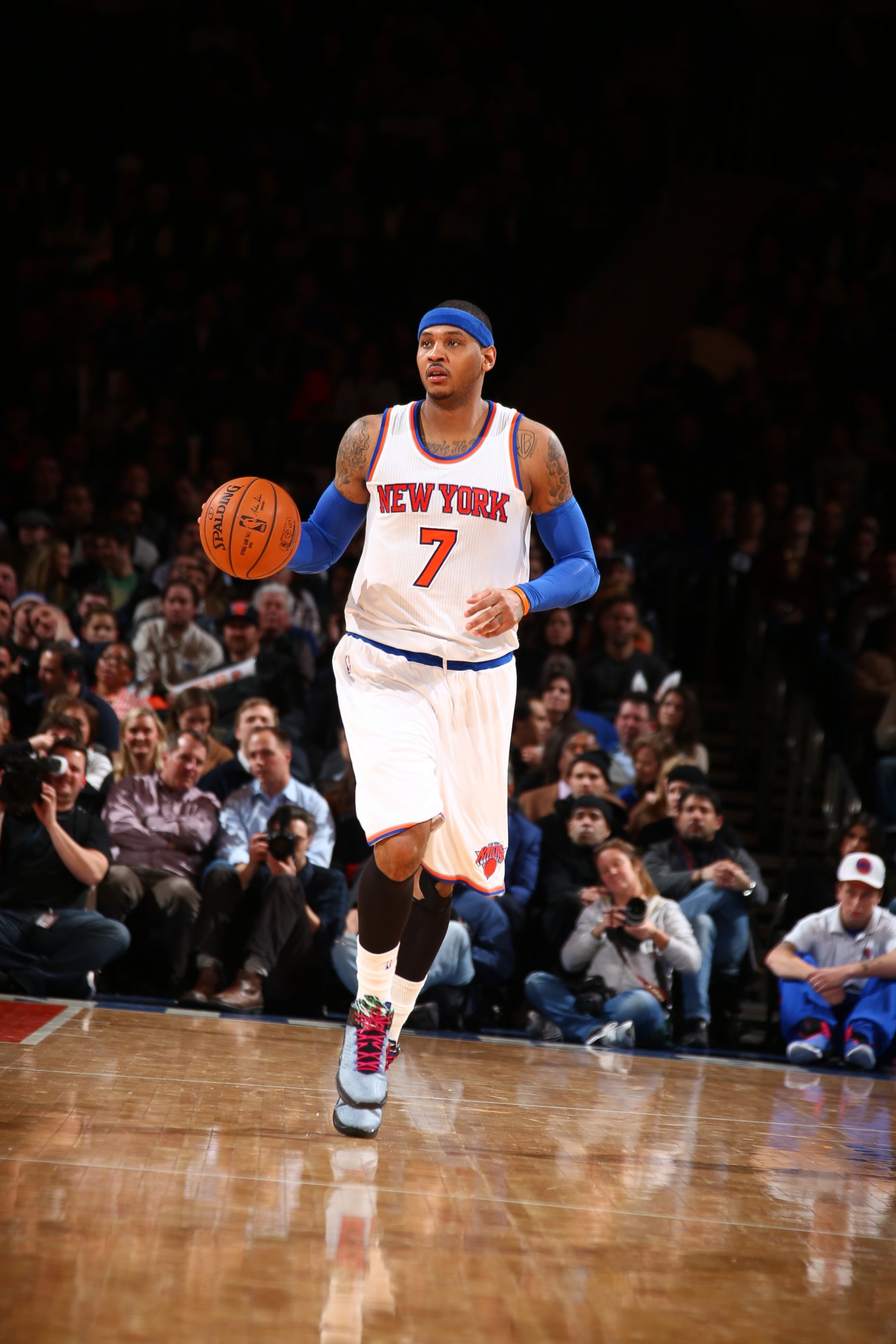 PHOTO: Carmelo Anthony of the New York Knicks brings the ball up court against the Boston Celtics on Feb. 3, 2015 at Madison Square Garden in New York City.  