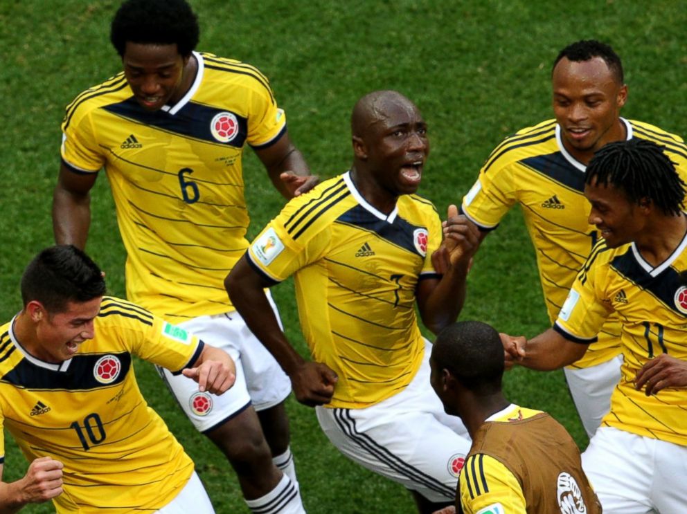 PHOTO: James Rodriguez #10 of Colombia celebrates by dancing with teammates after scoring his team's first goal during the 2014 FIFA World Cup Brazil Group C match between Colombia and Cote D'Ivoire at Estadio Nacional on June 19, 2014. 