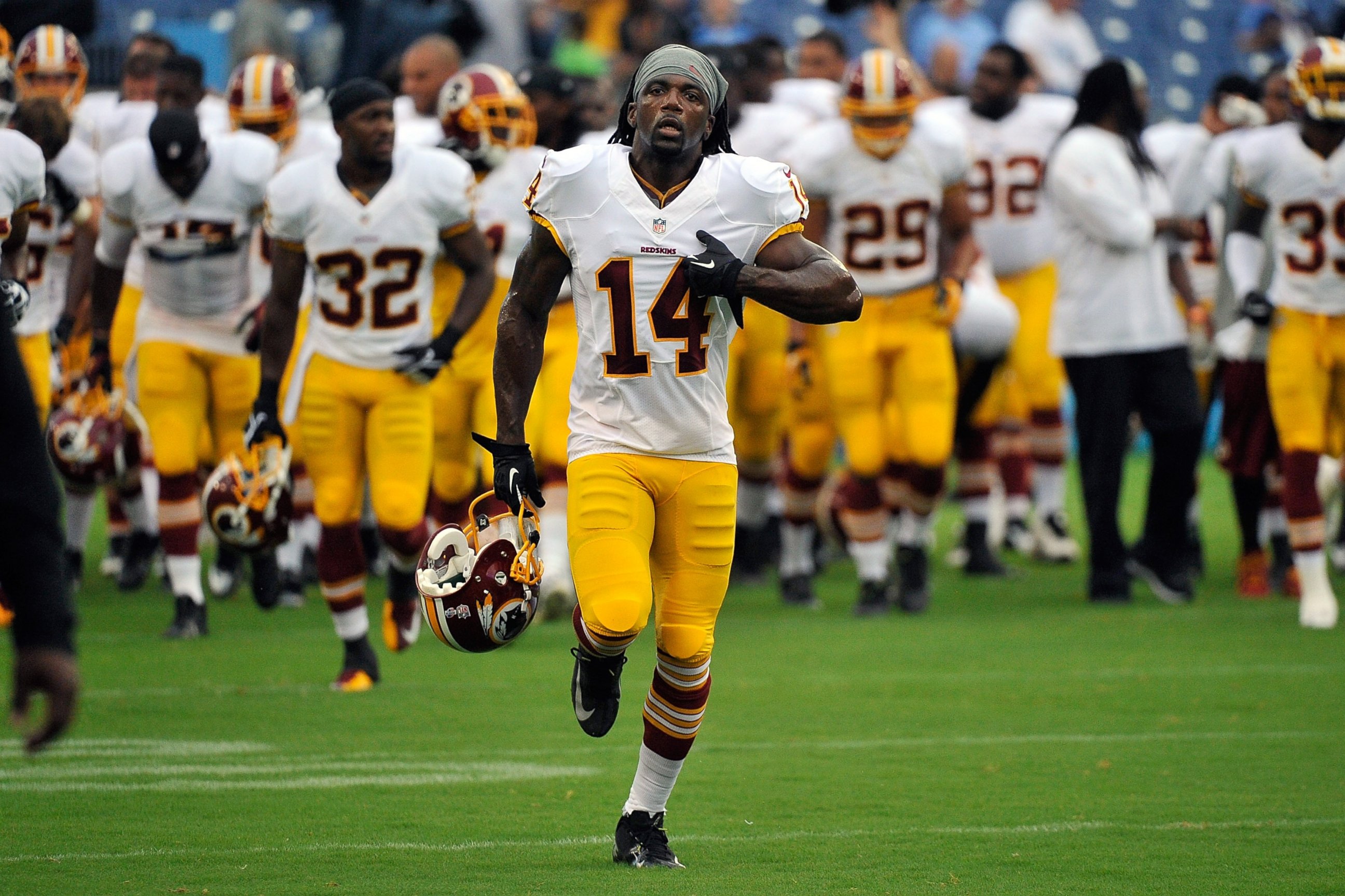 PHOTO: Donte' Stallworth #14 of the Washington Redskins leaves the field after warm ups prior to a pre-season game against the Tennessee Titans at LP Field in this Aug. 8, 2013, file photo in Nashville, Tenn. 