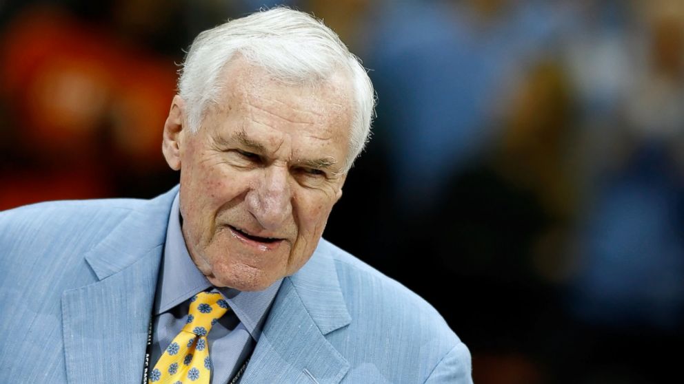 Former North Carolina Tar Heels head coach Dean Smith attends a halftime ceremony honoring ACC legends on March 15, 2008 in Charlotte, N.C. 