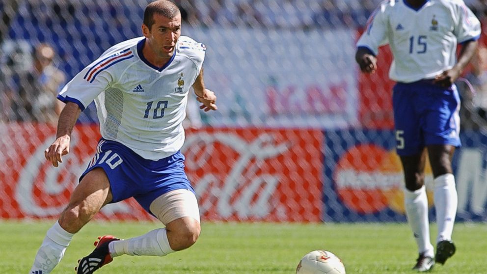 PHOTO: Zinedine Zidane of France, playing his first game in this World Cup, dribbles up the field, in this June 11, 2002, file photo at the Incheon Munhak Stadium in Incheon, in the 2002 FIFA World Cup Korea/Japan. 