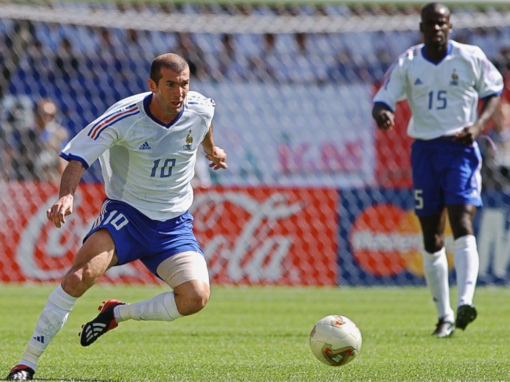 PHOTO: Zinedine Zidane of France, playing his first game in this World Cup, dribbles up the field, in this June 11, 2002, file photo at the Incheon Munhak Stadium in Incheon, in the 2002 FIFA World Cup Korea/Japan.