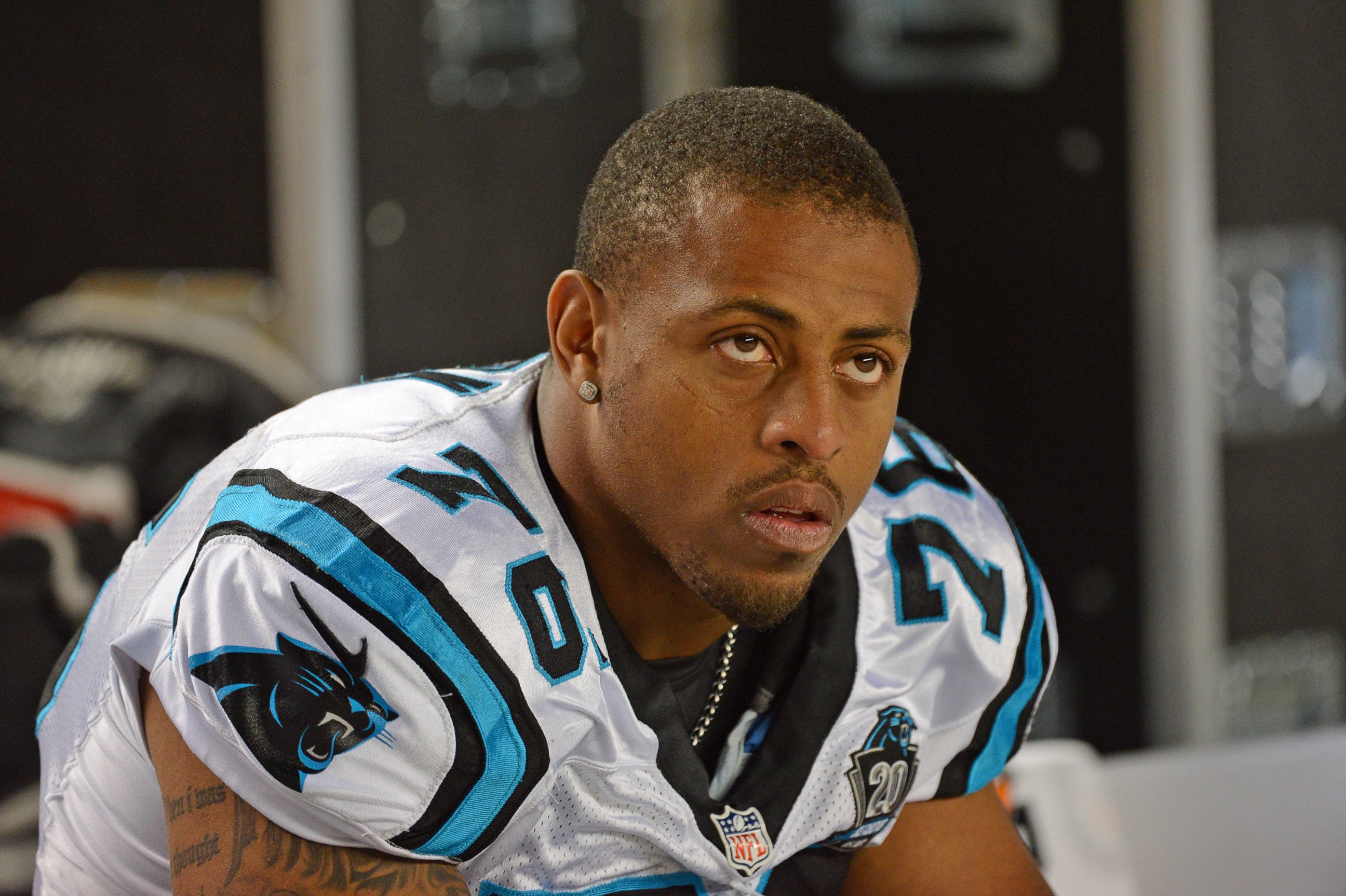 PHOTO: Defensive lineman Greg Hardy #76 of the Carolina Panthers looks on from the sideline during a preseason game against the Pittsburgh Steelers at Heinz Field on August 28, 2014 in Pittsburgh, Pa.