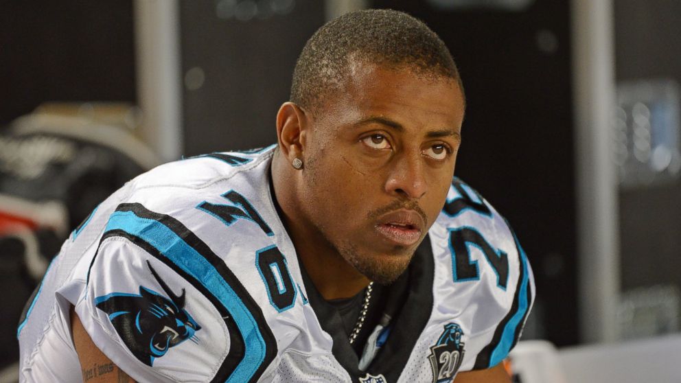 PHOTO: Defensive lineman Greg Hardy #76 of the Carolina Panthers looks on from the sideline during a preseason game against the Pittsburgh Steelers at Heinz Field on August 28, 2014 in Pittsburgh, Pa.