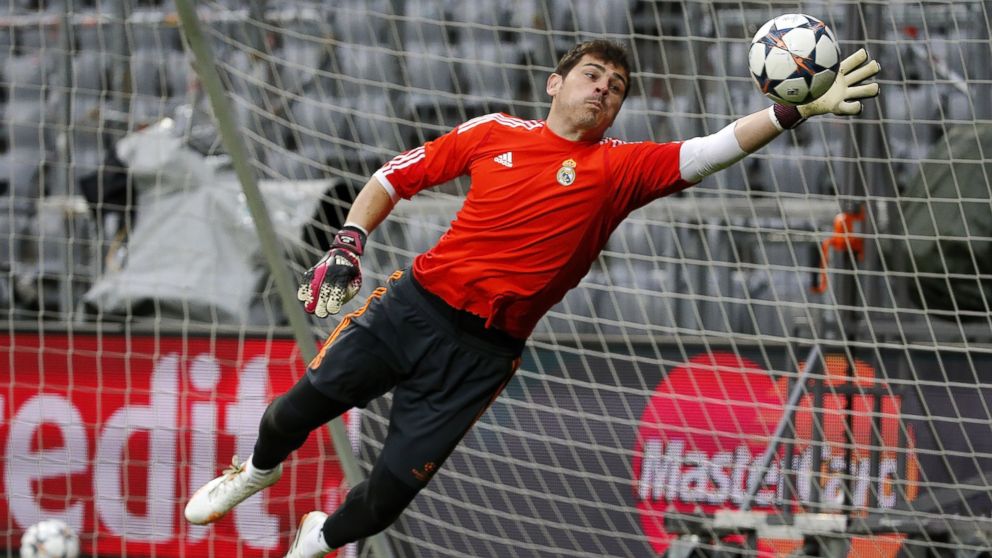 Iker Casillas of Real Madrid in action during a training session ahead of their UEFA Champions League semi-final second leg match against FC Bayern Muenchen at Allianz Arena on April 28, 2014 in Munich, Germany.  