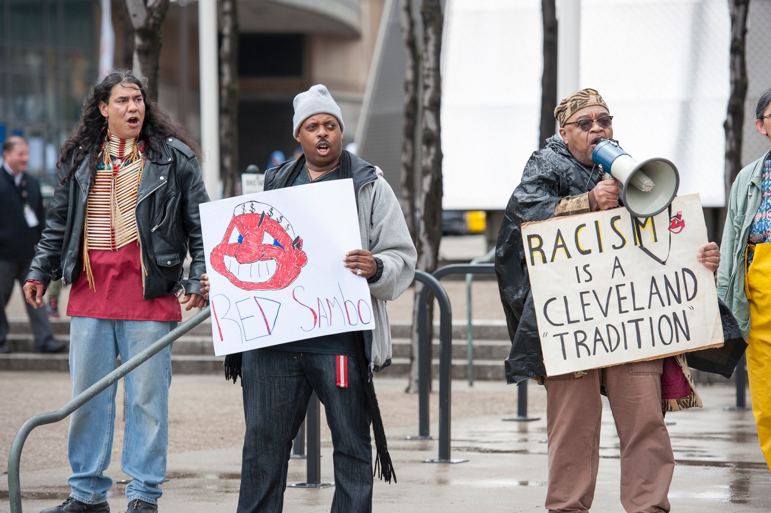 PHOTO: Protestors voice their opinion about Cleveland Indians mascot Chief Wahoo outside Progressive Field prior to the game between the Cleveland Indians and the Minnesota Twins, April 4, 2014, in Cleveland, Ohio.
