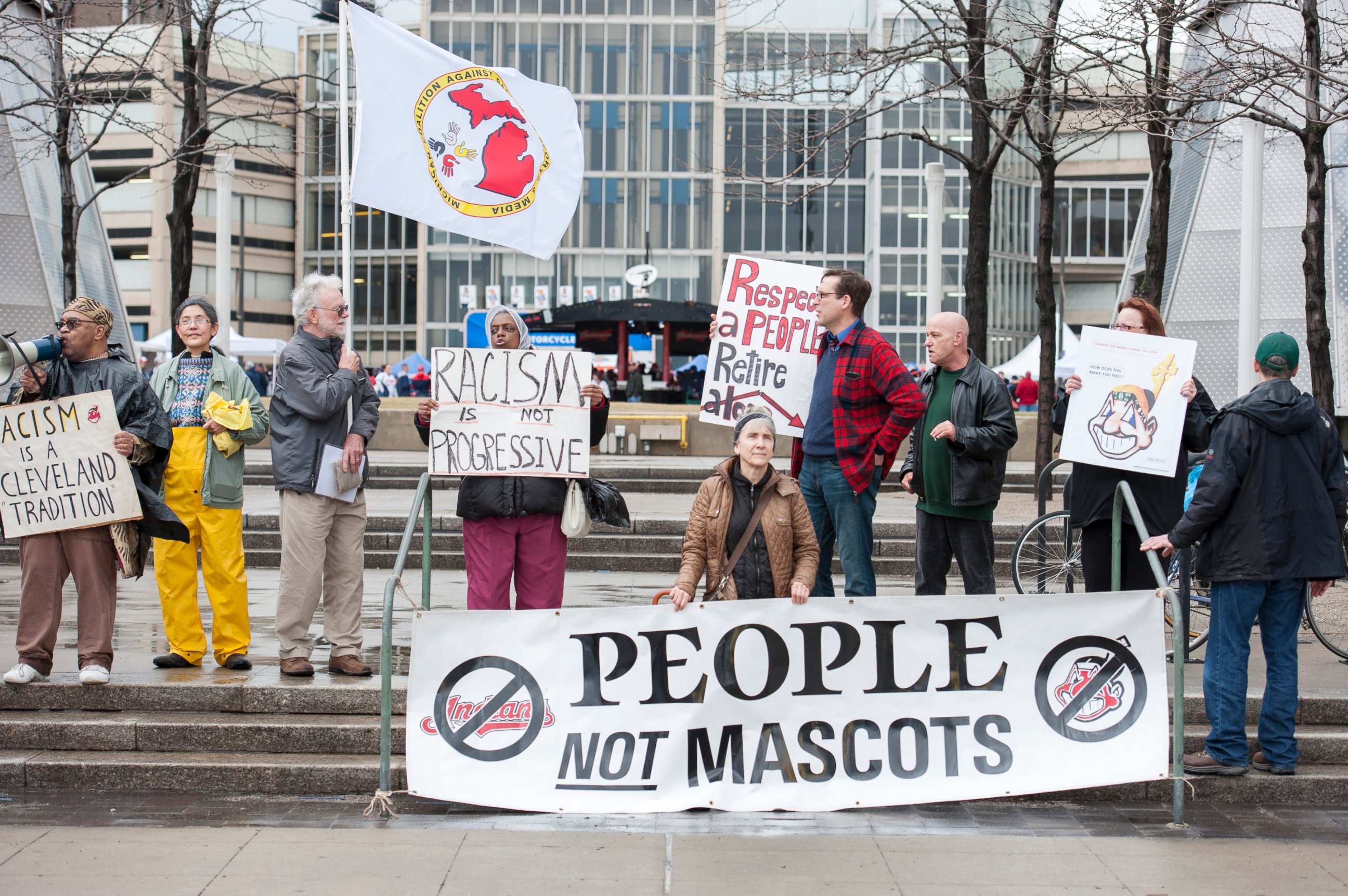 PHOTO: Protestors voice their opinion about Cleveland Indians mascot Chief Wahoo outside Progressive Field prior to the game between the Cleveland Indians and the Minnesota Twins, April 4, 2014, in Cleveland, Ohio. 