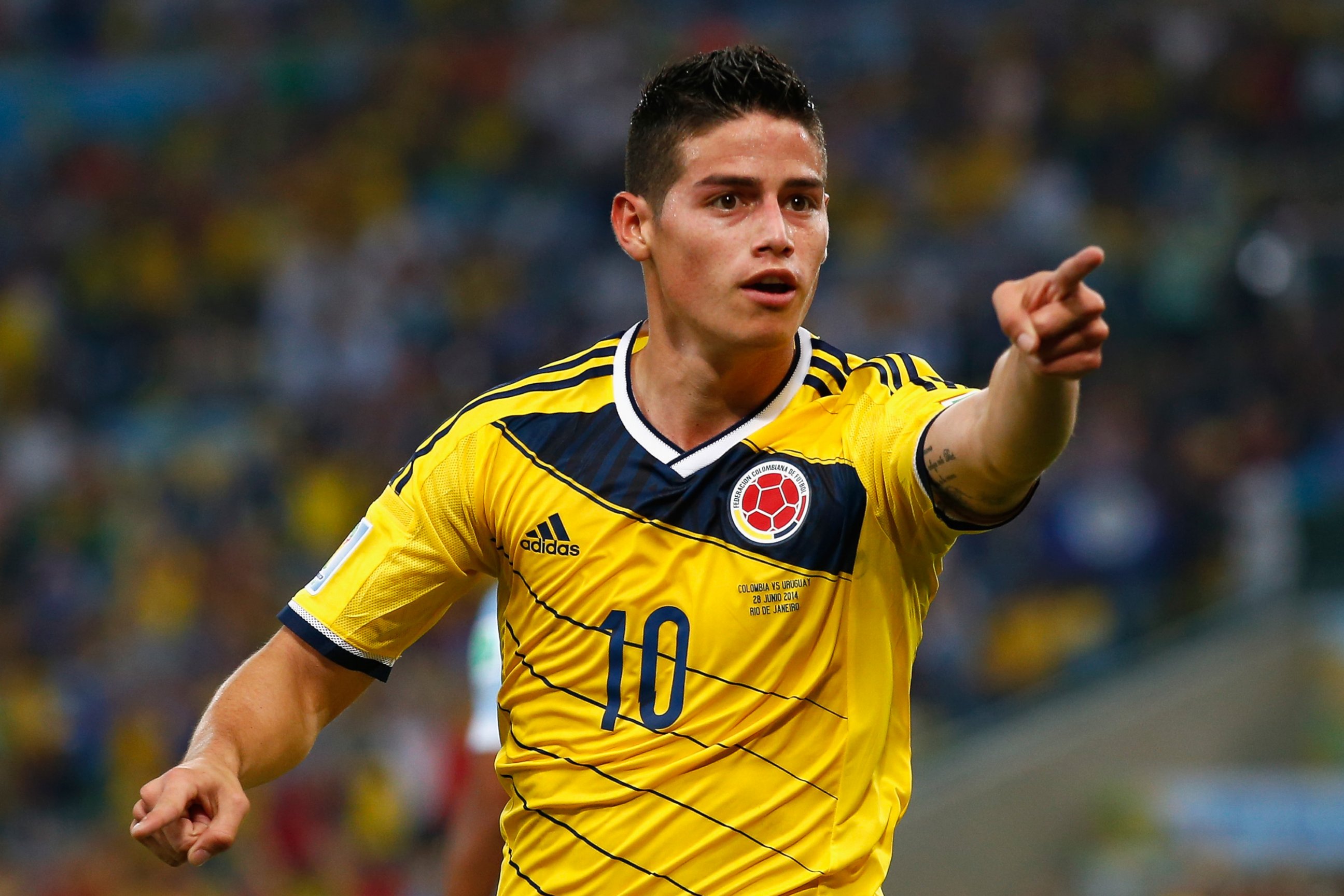 PHOTO: James Rodriguez of Colombia celebrates scoring his team's second goal and his second of the game during the 2014 FIFA World Cup Brazil round of 16 match between Colombia and Uruguay at Maracana on June 28, 2014 in Rio de Janeiro, Brazil. 