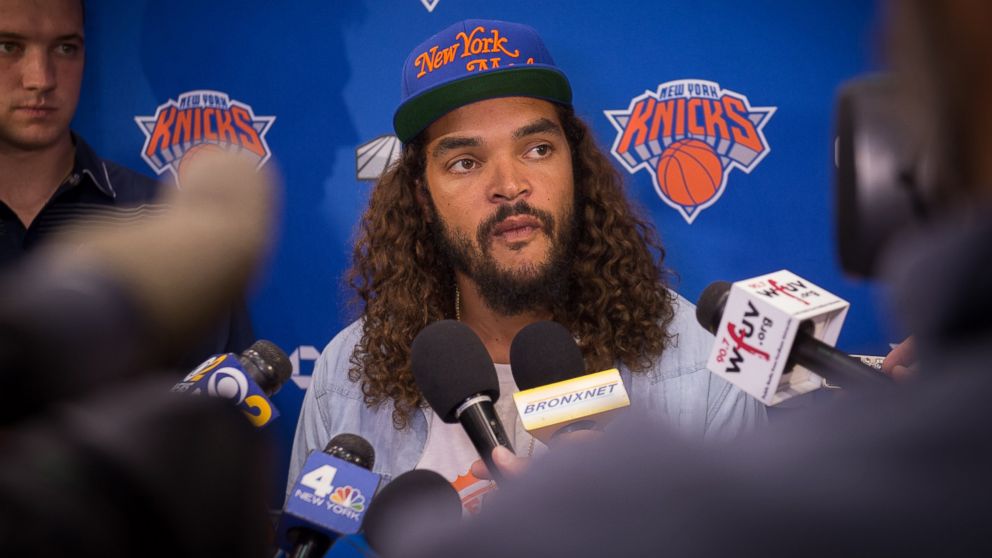 The New York Knicks' newest player Joakim Noah speaks with the media at Madison Square Garden training center on July 8, 2016 in Tarrytown, New York.