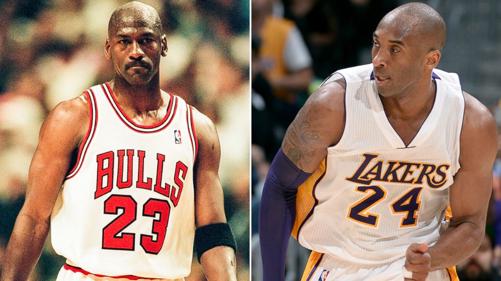 Michael Jordan, left, against the Charlotte Hornets, May 6, 1998. Kobe Bryant of the Los Angeles Lakers during the game against the Washington Wizards, March 27, 2016, at STAPLES Center in Los Angeles.