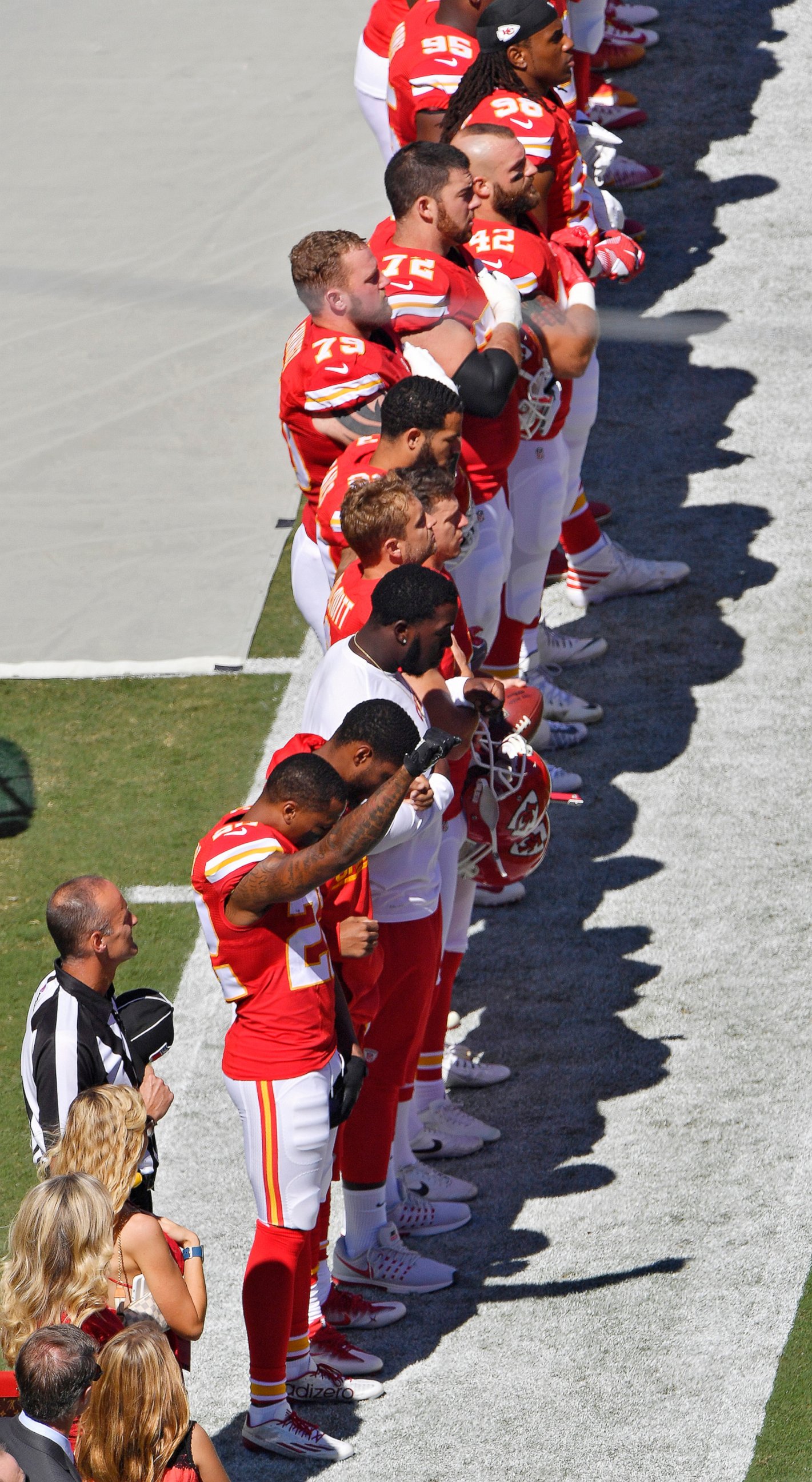 PHOTO: Kansas City Chiefs defensive back Marcus Peters raises his fist in the air as the National Anthem plays before Sunday's football game against the San Diego Chargers, Sept. 11, 2016 at Arrowhead Stadium in Kansas City, Missouri.