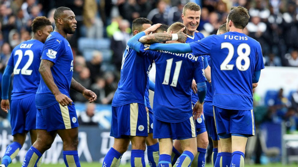 PHOTO: Marc Albrighton of Leicester City celebrates the forth goal during the Barclays Premier League match between Leicester City and Swansea City at the King Power Stadium, April 24, 2016, in Leicester, United Kingdom.