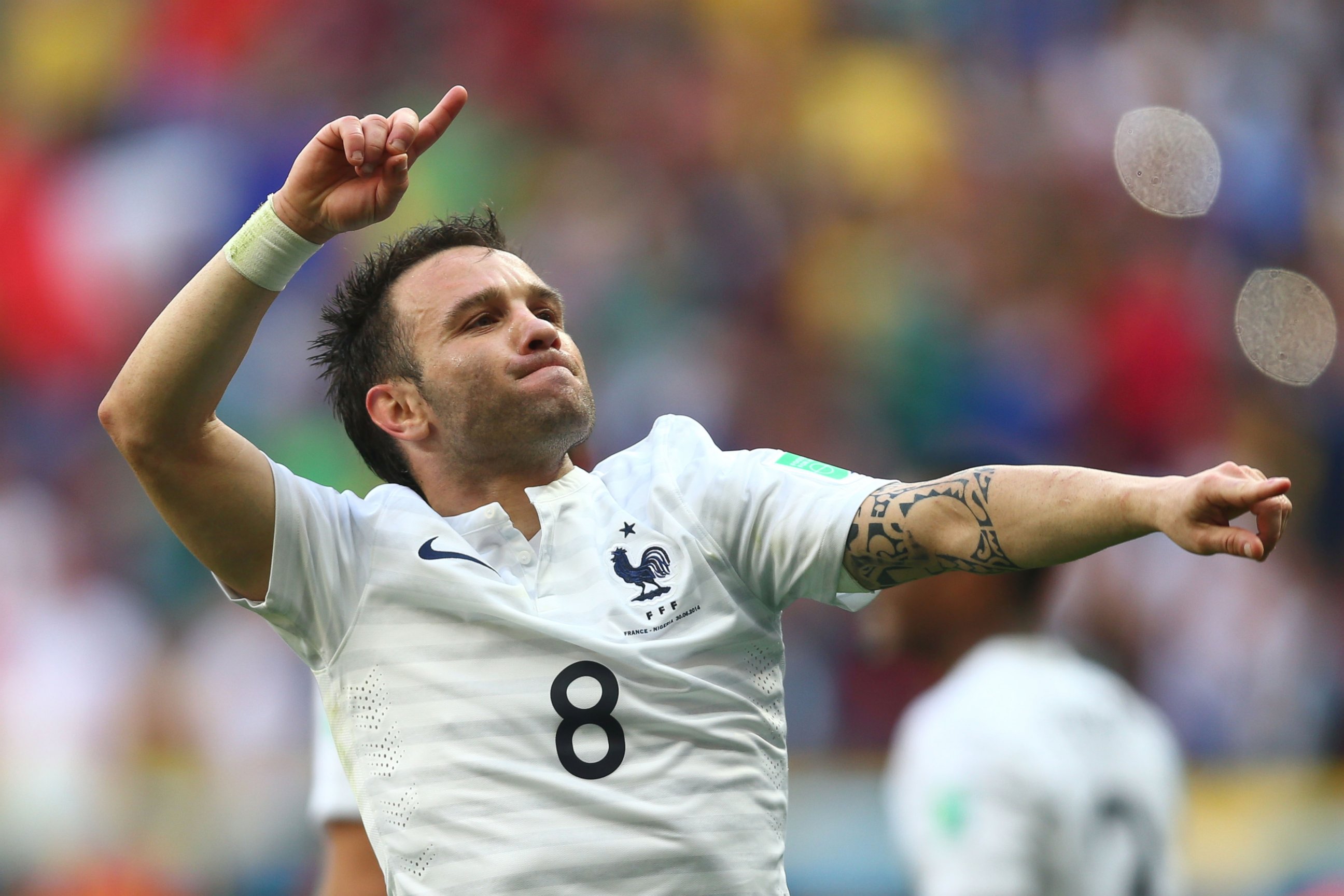 PHOTO: Mathieu Valbuena of France celebrates his team's secong goal during the 2014 FIFA World Cup Brazil Round of 16 match between France and Nigeria at Estadio Nacional on June 30, 2014 in Brasilia, Brazil. 