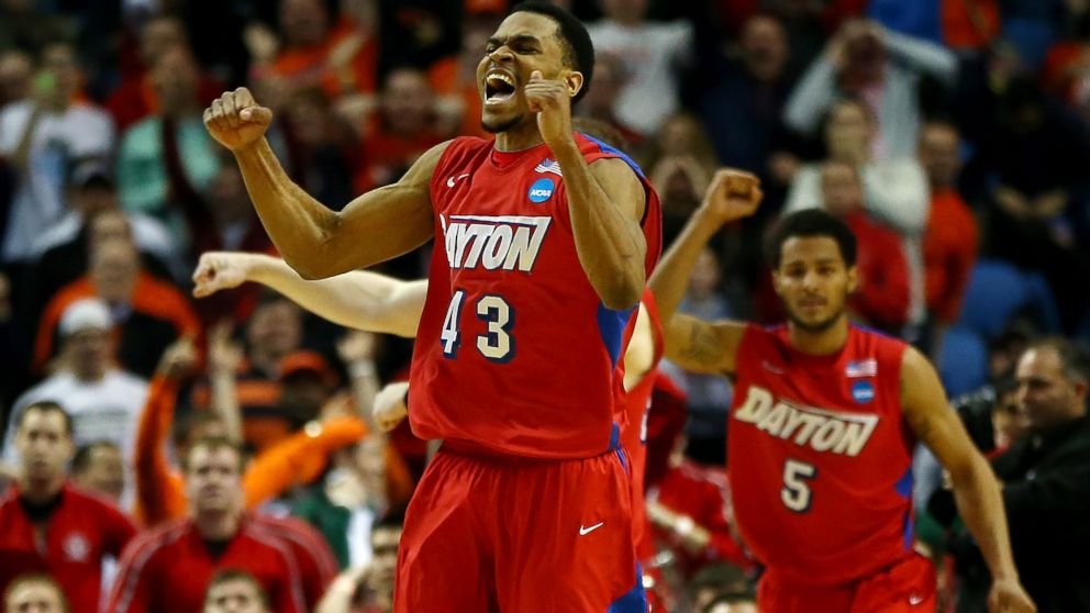 Vee Sanford of the Dayton Flyers reacts after defeating the Ohio State Buckeyes 60-59 at the First Niagara Center in Buffalo, New York, March 20, 2014.