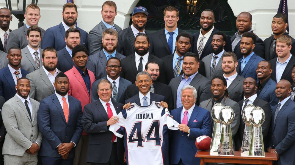 Superbowl Champions the New England Patriots visited the White House, where they were greeted by President Barack Obama on the South Lawn. Obama was presented with a Patriots jersey by Bill Belichick, left, and Robert Kraft, right, April 23, 2015.
