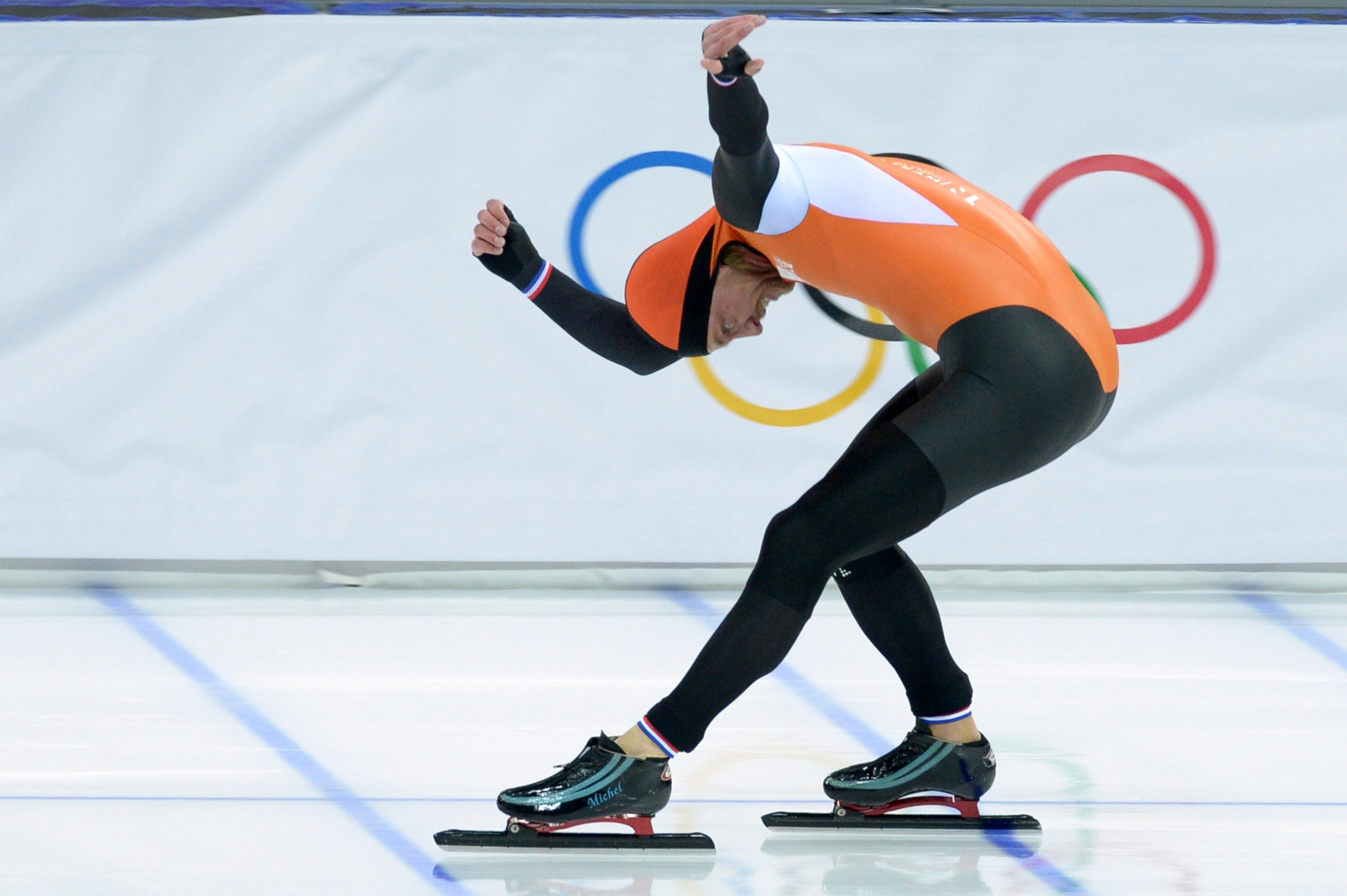 PHOTO: Netherlands' Michel Mulder celebrates after the Men's Speed Skating 500m. 