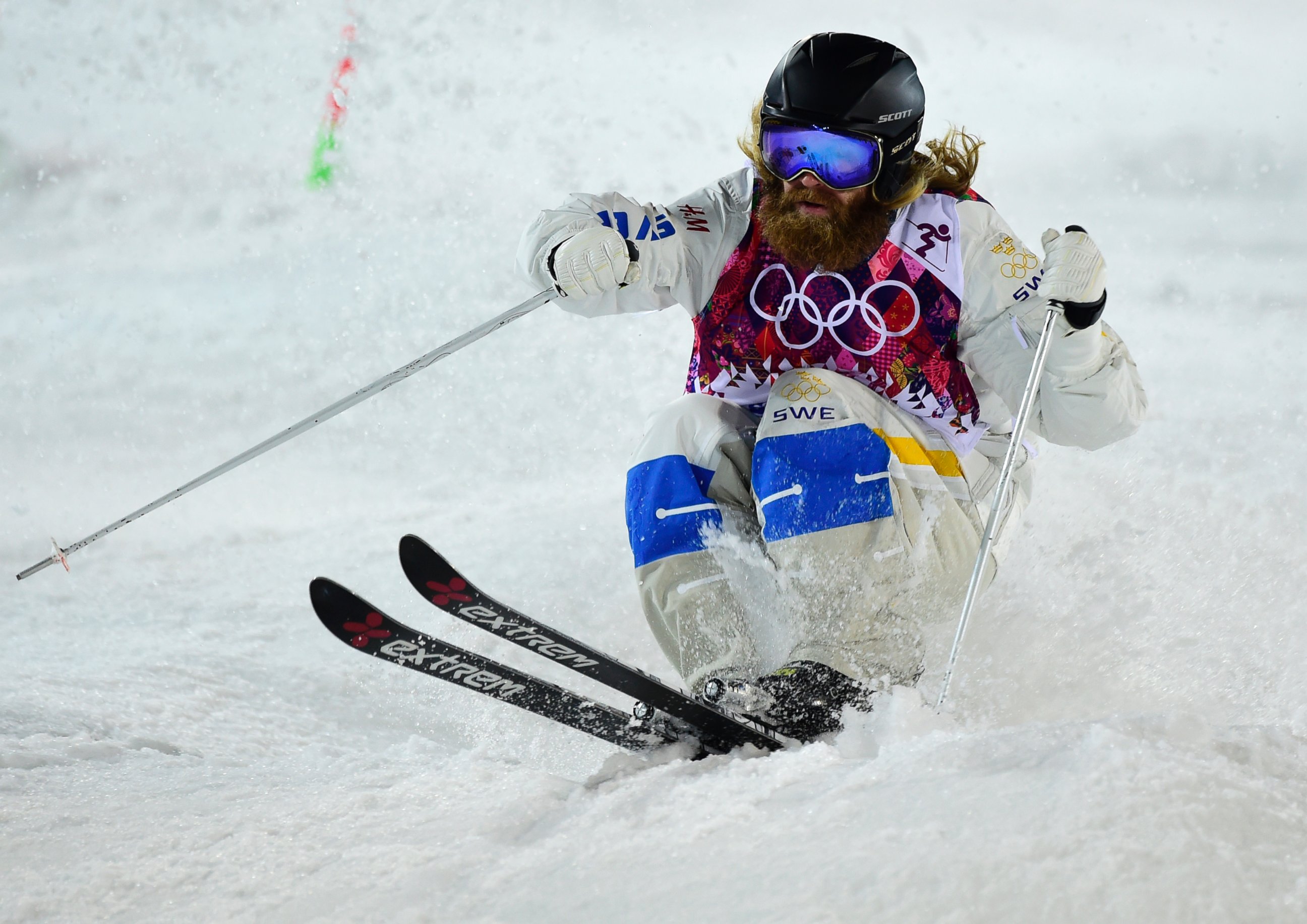PHOTO: Sweden's Per Spett competes in the Men's Freestyle Skiing Moguls finals 