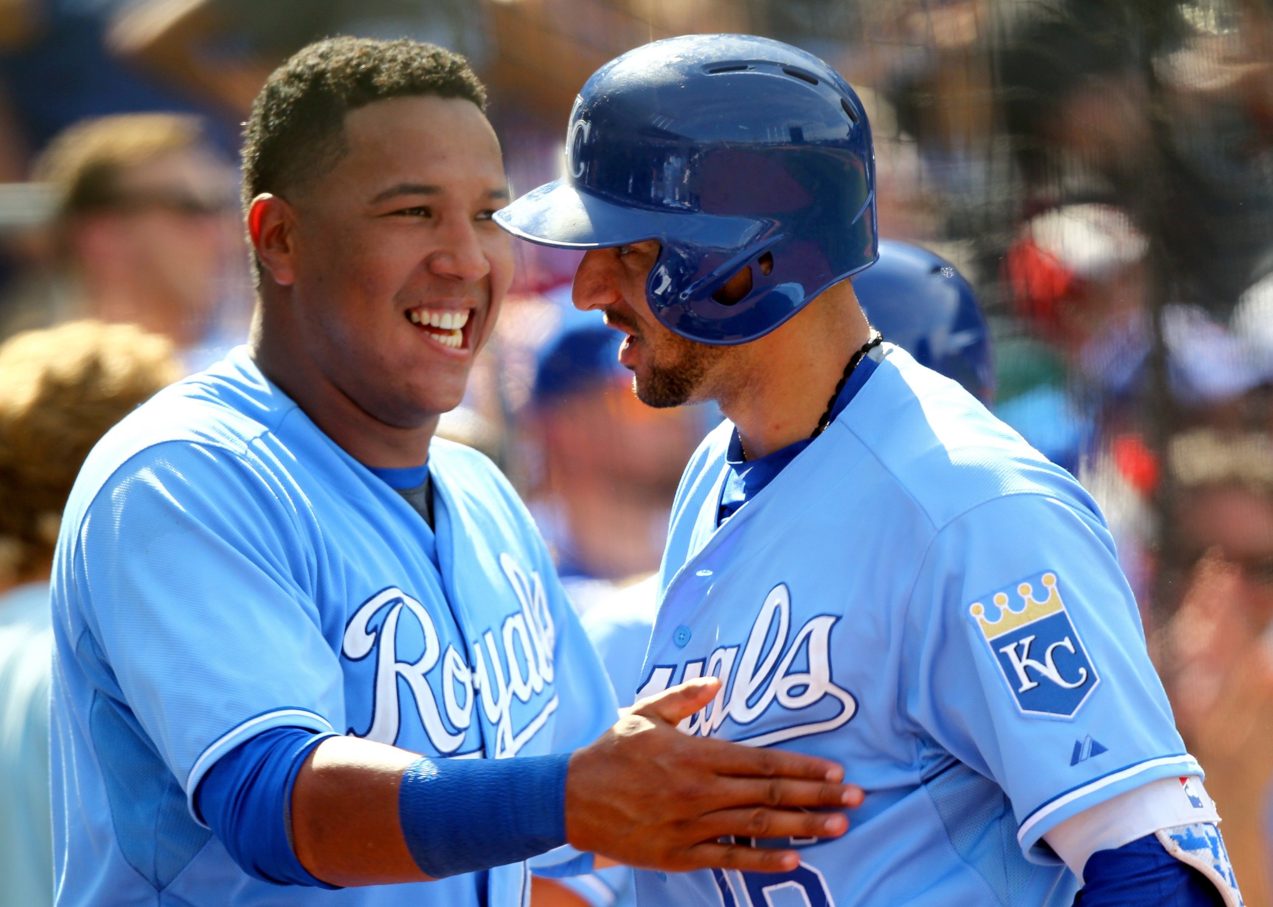 PHOTO: Paulo Orlando #16 of the Kansas City Royals is congratulated by Salvador Perez #13 after hitting a solo home run against the Toronto Blue Jays at Kauffman Stadium, July 12, 2015, in Kansas City, Missouri.