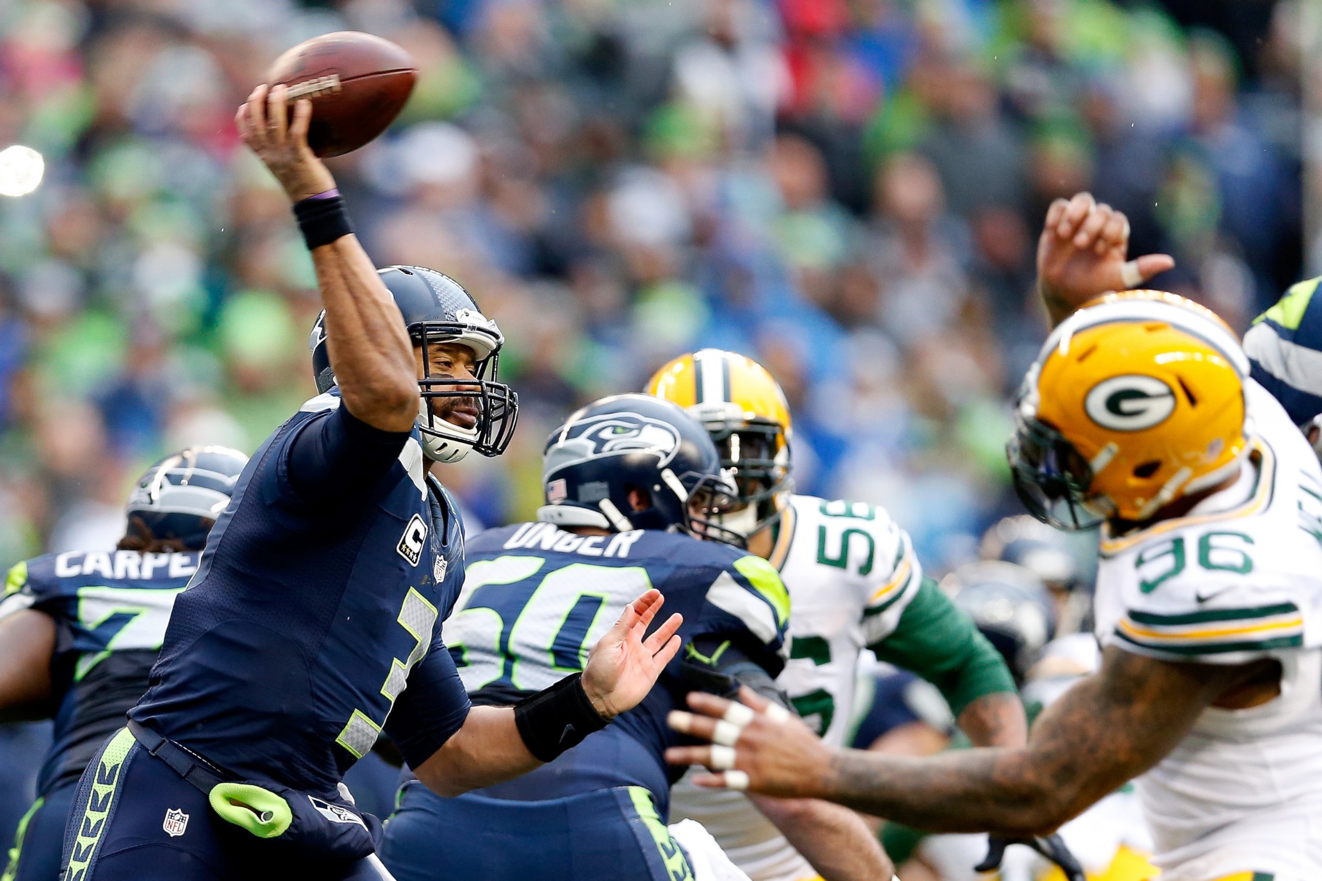PHOTO: Russell Wilson #3 of the Seattle Seahawks passes the ball during second half of the 2015 NFC Championship game against the Green Bay Packers at CenturyLink Field, Jan. 18, 2015 in Seattle.
