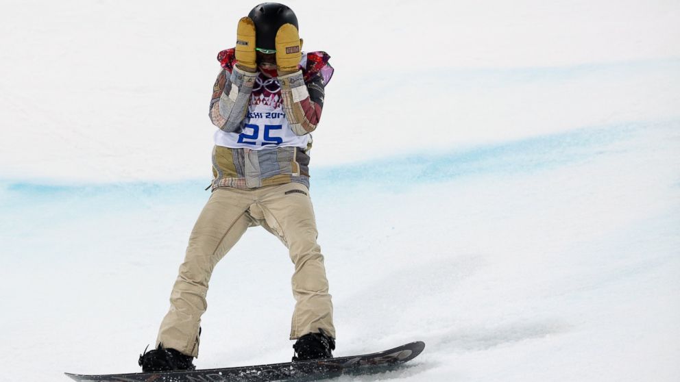Shaun White reacts to his finish during the Men's Snowboarding Halfpipe Final on Feb. 12,  2014. 