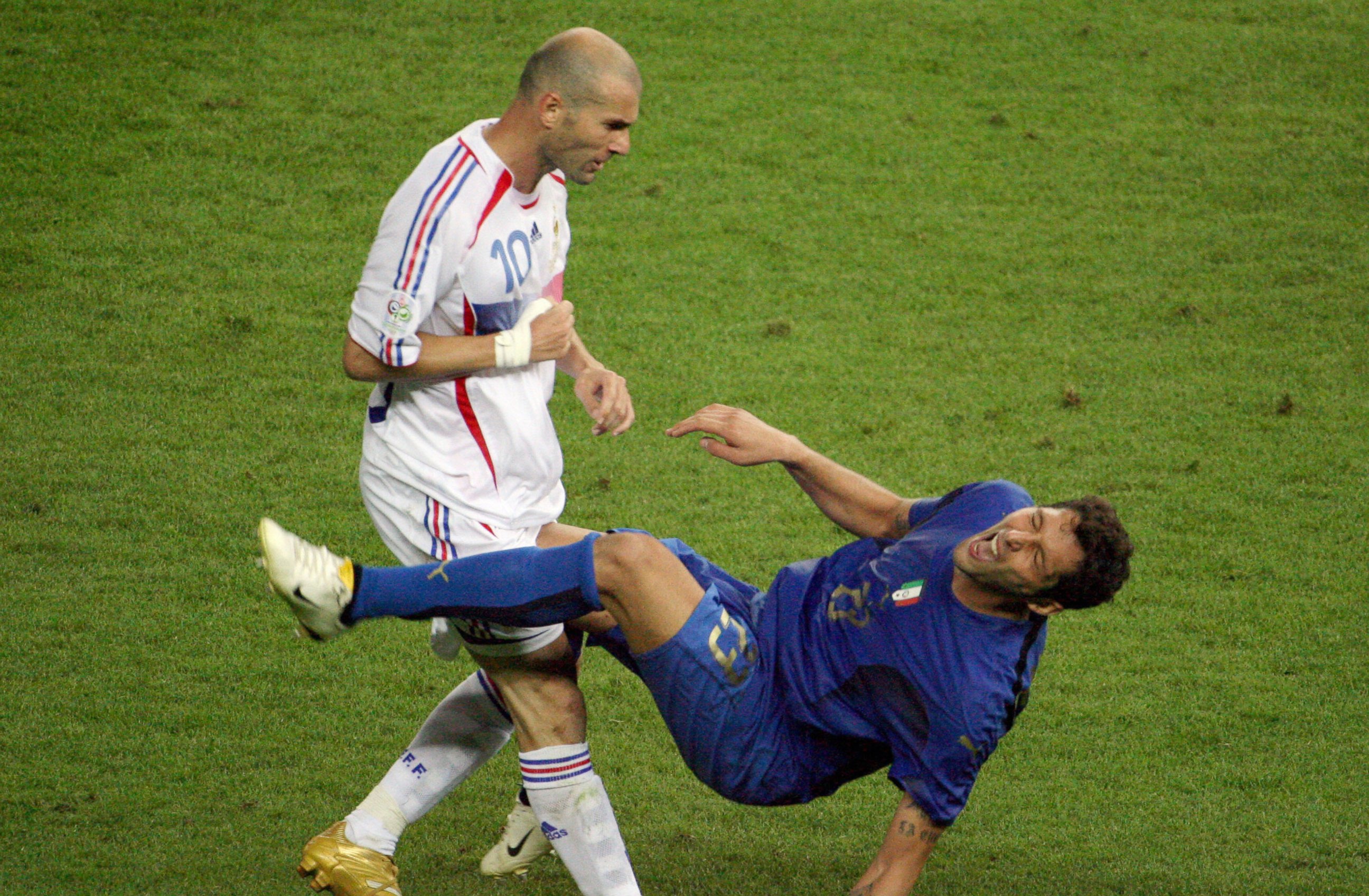 PHOTO: French midfielder Zinedine Zidane, left, gestures after head-butting Italian defender Marco Materazzi, right, during the 2006 World Cup on July 9, 2006 in Berlin, Germany. 