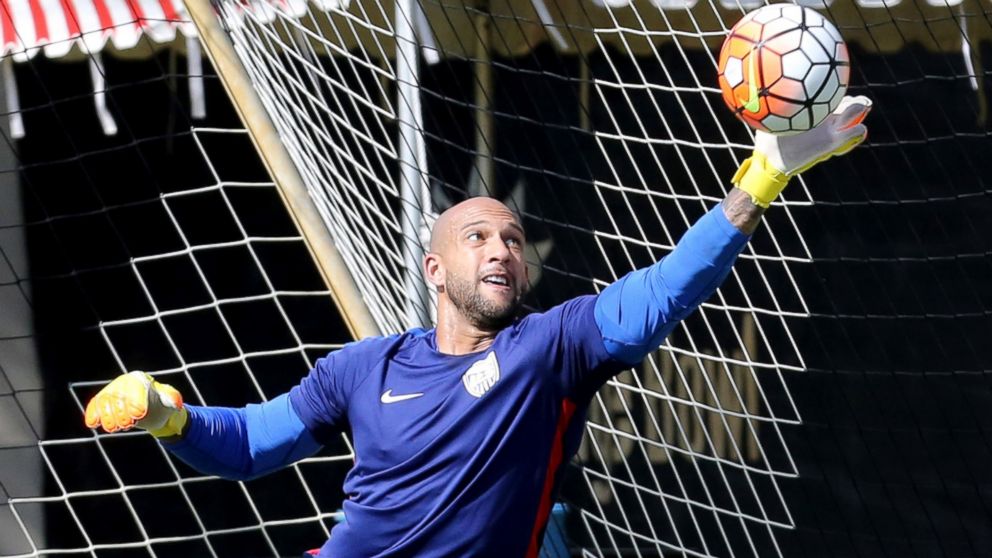 US National Soccer Team goalkeeper Tim Howard stops a kick during training at Barry University, Nov. 9, 2015, in Miami.