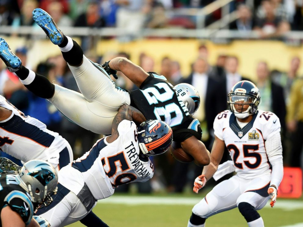 PHOTO: Carolina Panther Jonathan Stewart (28) jumps into the end zone for a touchdown during Super Bowl 50 against the Denver Broncos at Levis Stadium in Santa Clara, Calif., Feb. 7, 2016.
