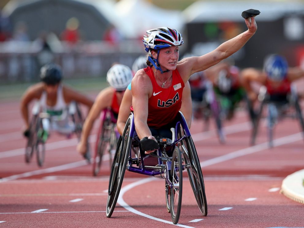 PHOTO: Tatyana McFadden celebrates winning the womens 5000m T54 final during day two of the IPC Athletics World Championships, July 21, 2013, in Lyon, France.