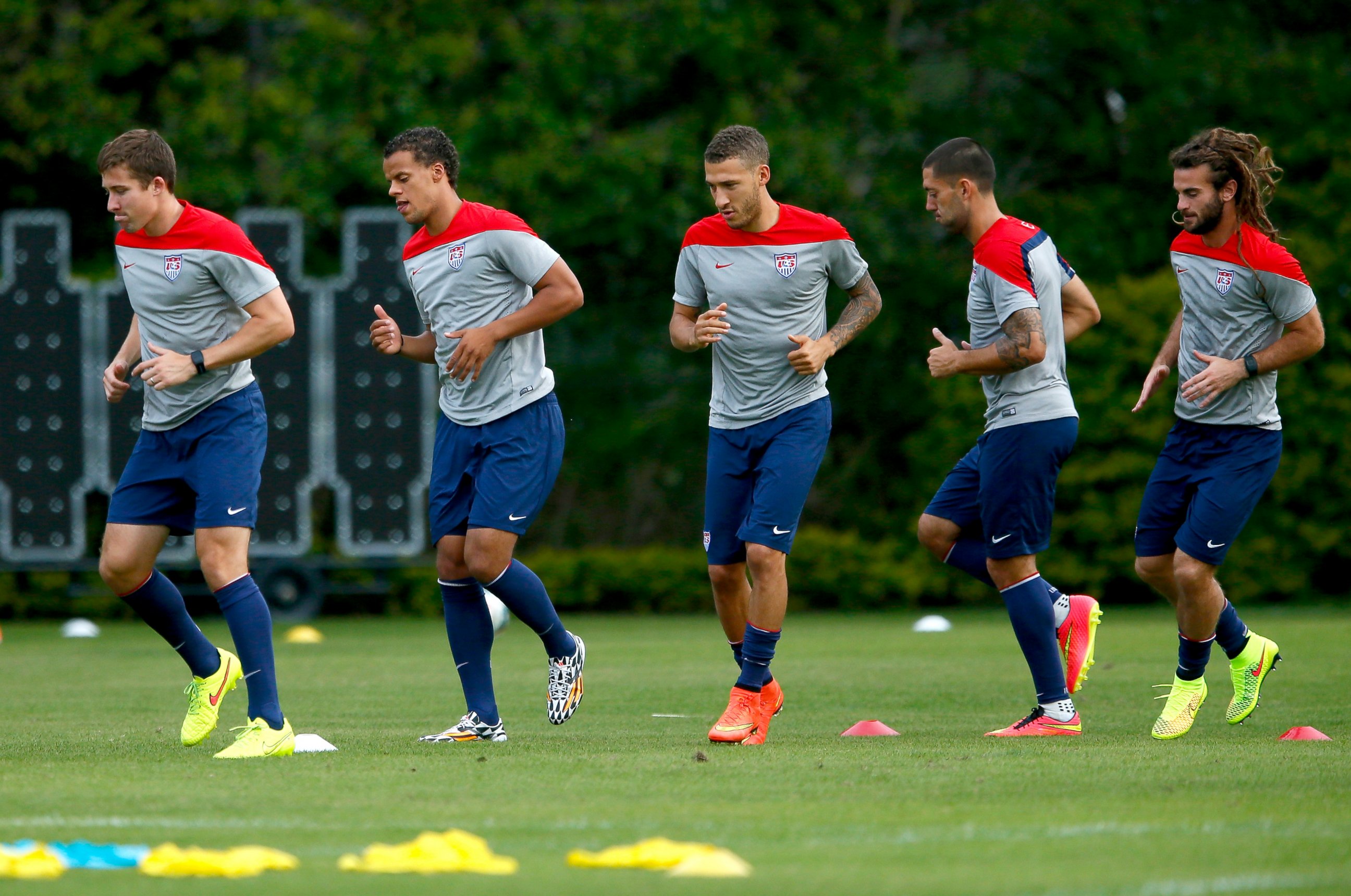 PHOTO: The US Men's National Team stretches during training at Sao Paulo FC, June 28, 2014, in Sao Paulo.