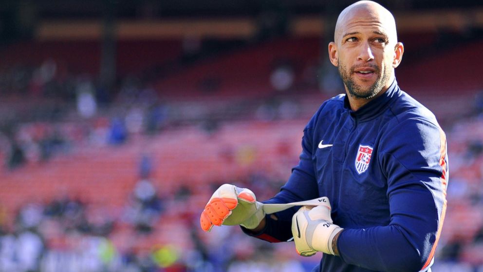 US goalkeeper Tim Howard adjusts his gloves before the start of a World Cup preparation match against Azerbaijan at Candlestick Park in San Francisco, May 27, 2014. 