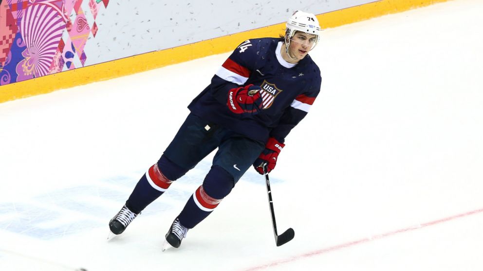 PHOTO: T.J. Oshie #74 of the United States celebrates after scoring a shootout goal against Russia during the men's ice hockey preliminary round game at the Sochi 2014 Winter Olympics at Bolshoy Ice Dome on Feb. 15, 2014 in Sochi, Russia.