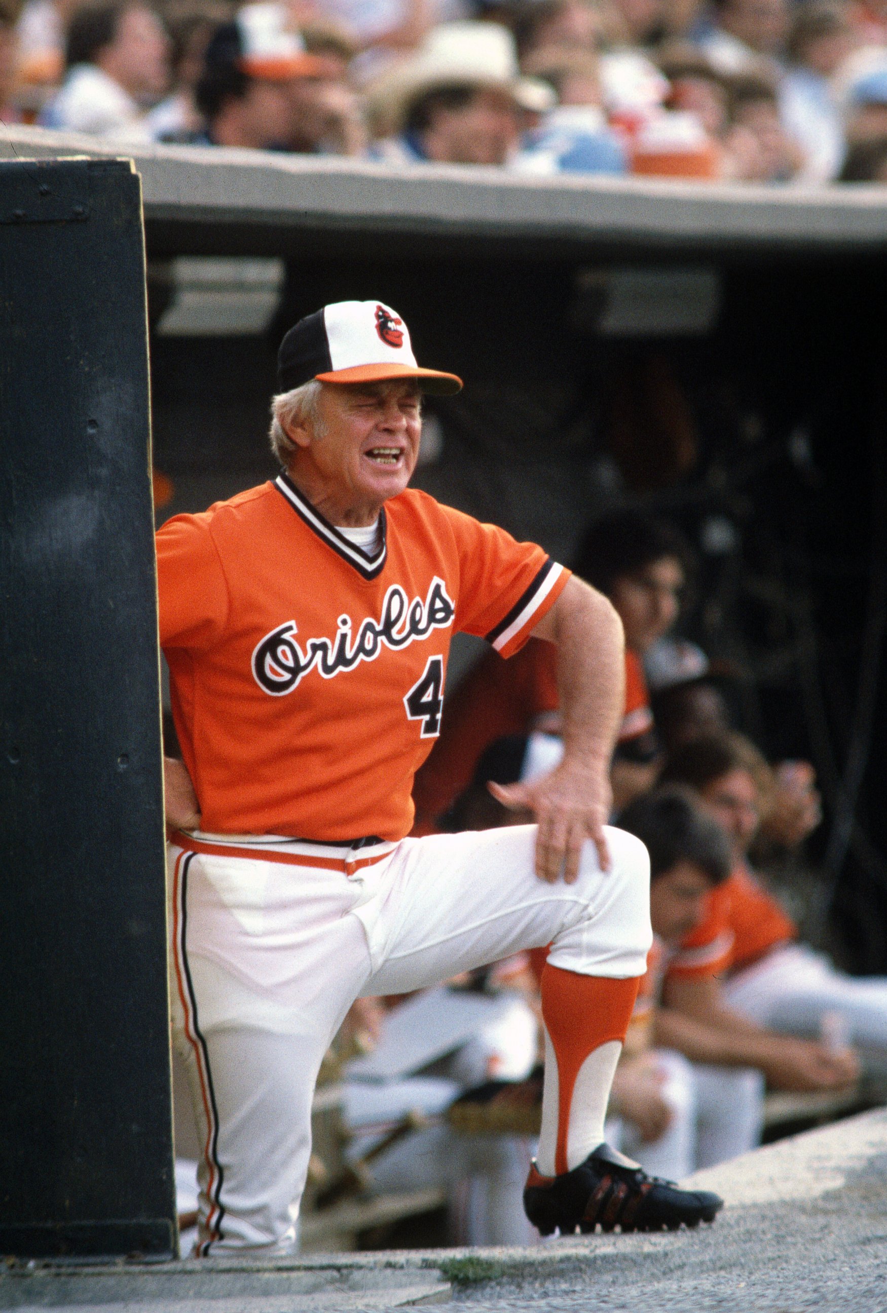 PHOTO: Manager Earl Weaver of the Baltimore Orioles looks on from the top of the dugout steps during a Major League Baseball game in 1980 at Memorial Stadium in Baltimore, Md.