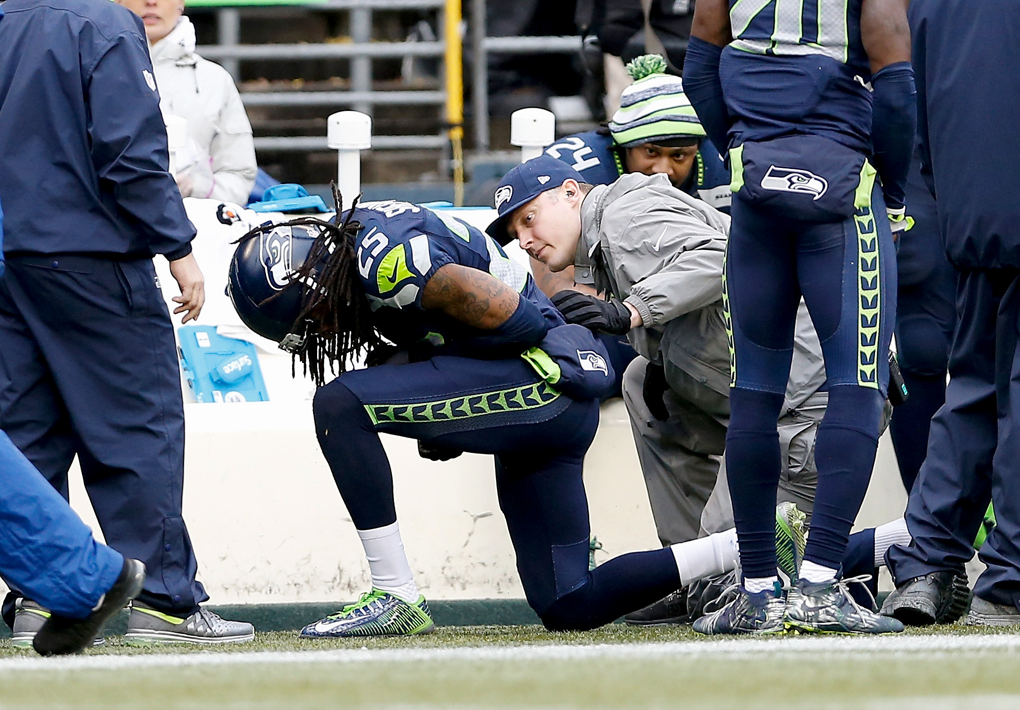 PHOTO: Richard Sherman #25 of the Seattle Seahawks injures himself making a play against the Green Bay Packers during the fourth quarter of the 2015 NFC Championship game at CenturyLink Field, Jan. 18, 2015, in Seattle.