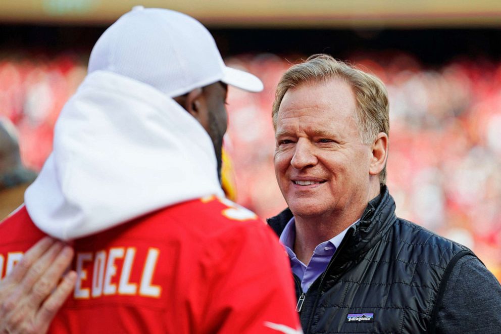 PHOTO: NFL commissioner Roger Goodell on the sidelines before the AFC Championship Game between the Cincinnati Bengals and Kansas City Chiefs, Jan 30, 2022, Kansas City, Mo.