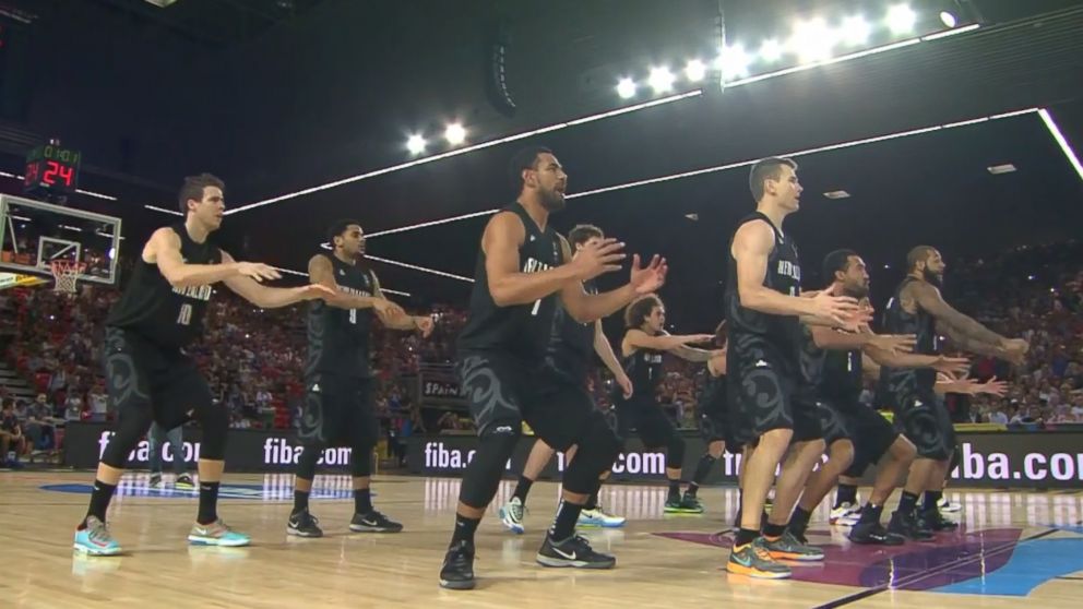 PHOTO: New Zealand basketball players perform a traditional haka dance before the team's game against the United States in the Basketball World Cup, Sept. 2, 2014.