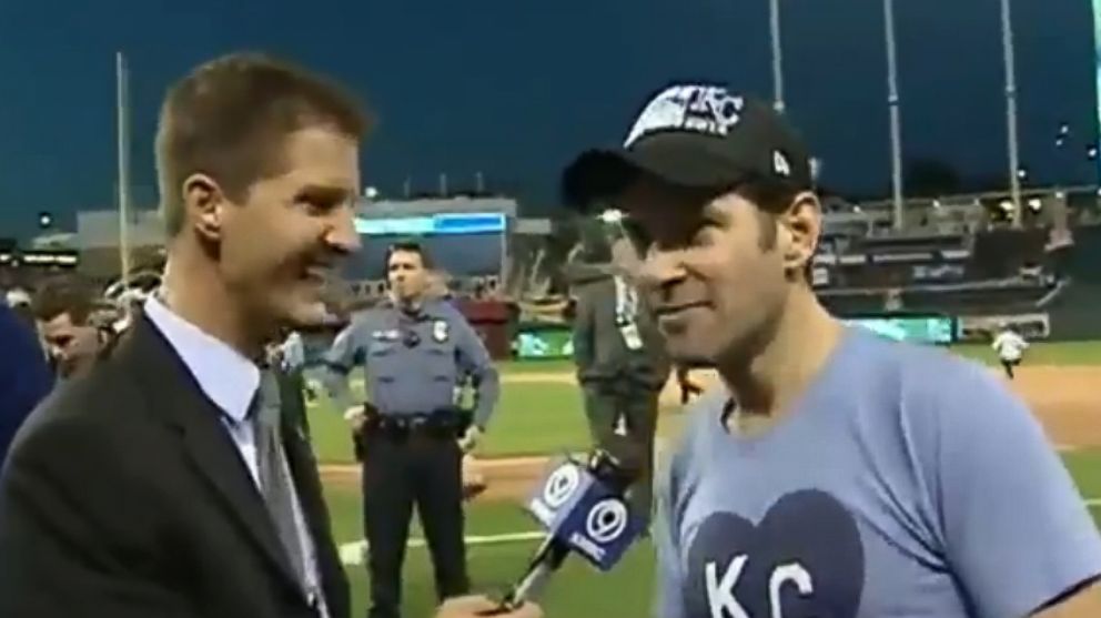 Paul Rudd celebrates after his favorite baseball team, the Kansas City Royals, clinched the American League pennant, Oct. 15, 2014 in Kansas City, Mo.