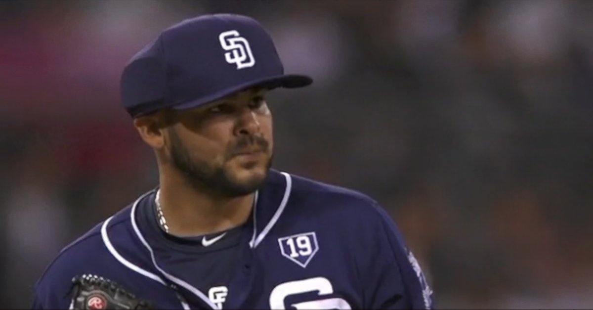PHOTO: Alex Torres of the San Diego Padres is the first pitcher to wear protective cap in MLB game.