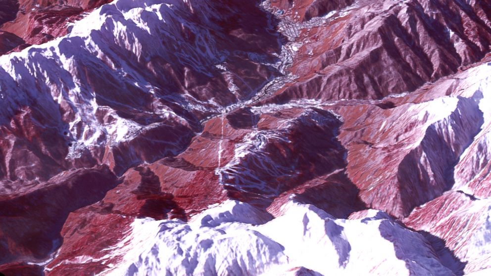 A satellite image of the Rosa Khutar ski resort, in the mountains near Sochi, where the Winter Olympics skiing and snowboarding events are taking place.