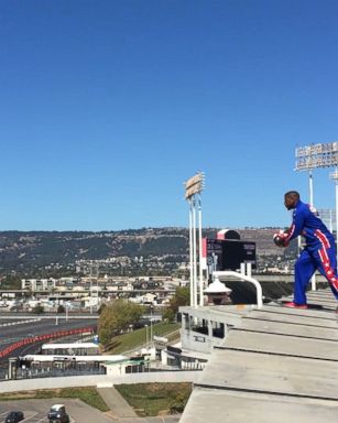 Harlem Globetrotters star Buckets Blakes made an incredible trick shot off the roof of Oracle Arena, home of the Golden State Warriors