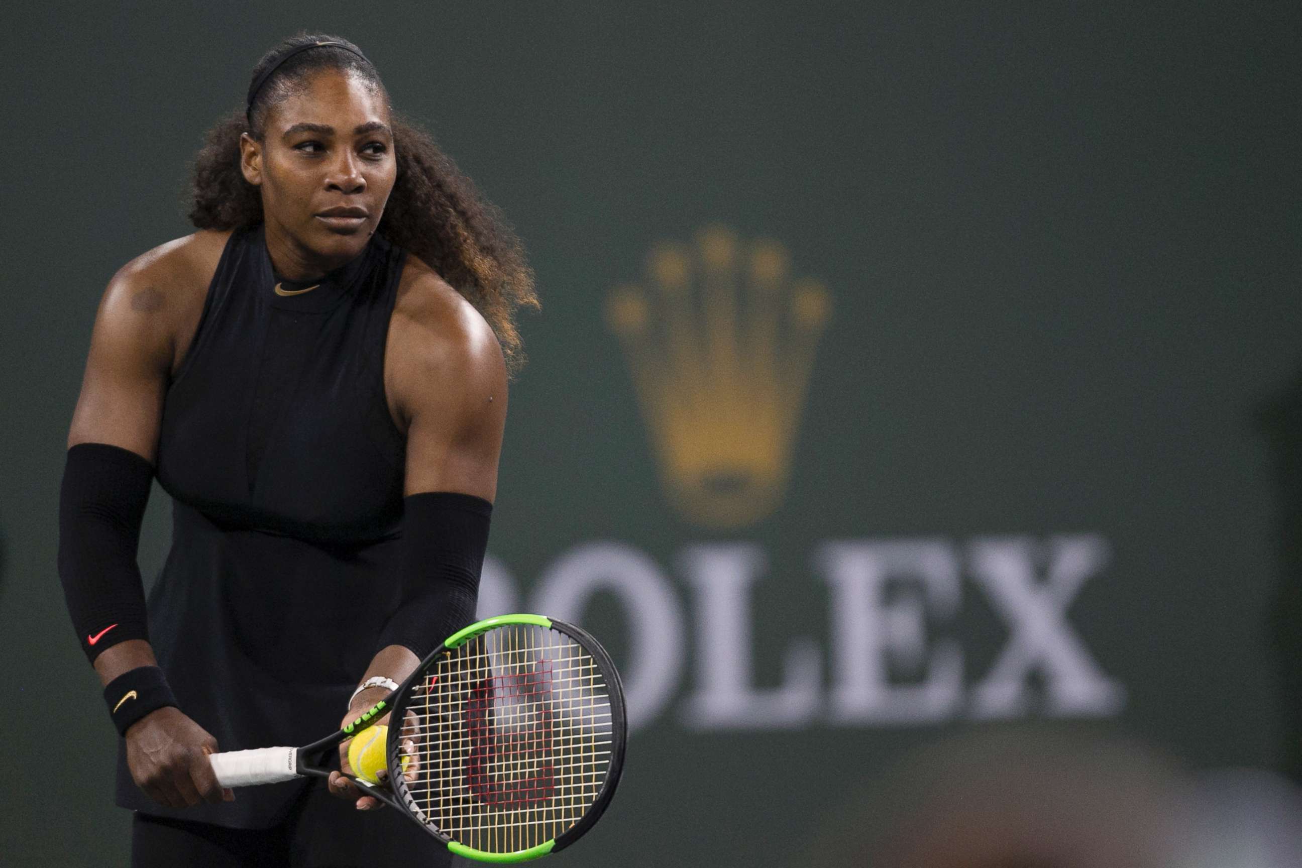 PHOTO: Serena Williams prepares to serve to Zarina Diyas, of Kazakhstan, during the first round of the BNP Paribas Open tennis tournament in Indian Wells, Calif., March 8, 2018.