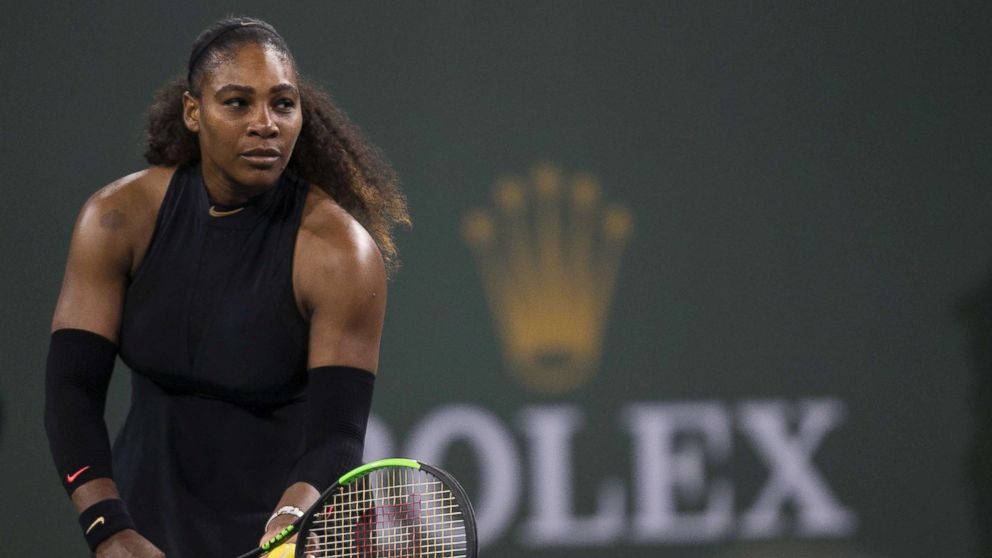 PHOTO: Serena Williams prepares to serve to Zarina Diyas, of Kazakhstan, during the first round of the BNP Paribas Open tennis tournament in Indian Wells, Calif., March 8, 2018.