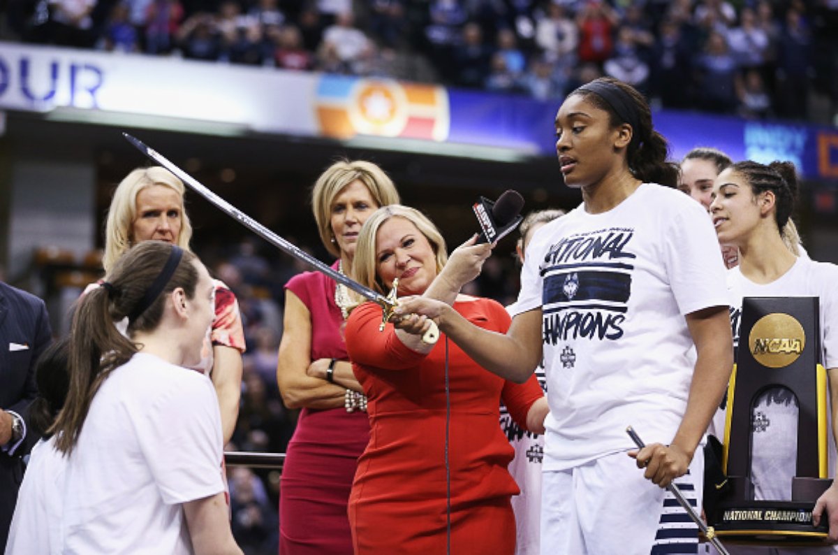 PHOTO: Breanna Stewart, Moriah Jefferson are honored by teammate Morgan Tuck after their victory over the Syracuse Orange to win the 2016 NCAA Women's Final Four Basketball Championship at Bankers Life Fieldhouse on April 5, 2016 in Indianapolis, Indiana.