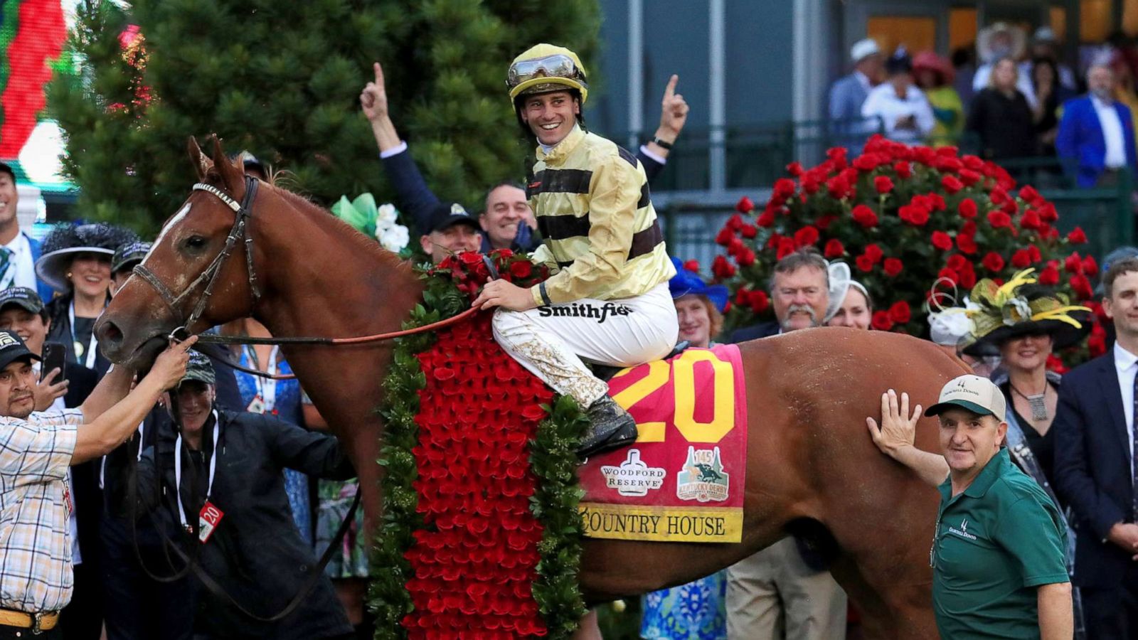 PHOTO: Jockey Flavien Prat celebrates atop of Country House after winning the 145th running of the Kentucky Derby at Churchill Downs, May 4, 2019 in Louisville, Ky.