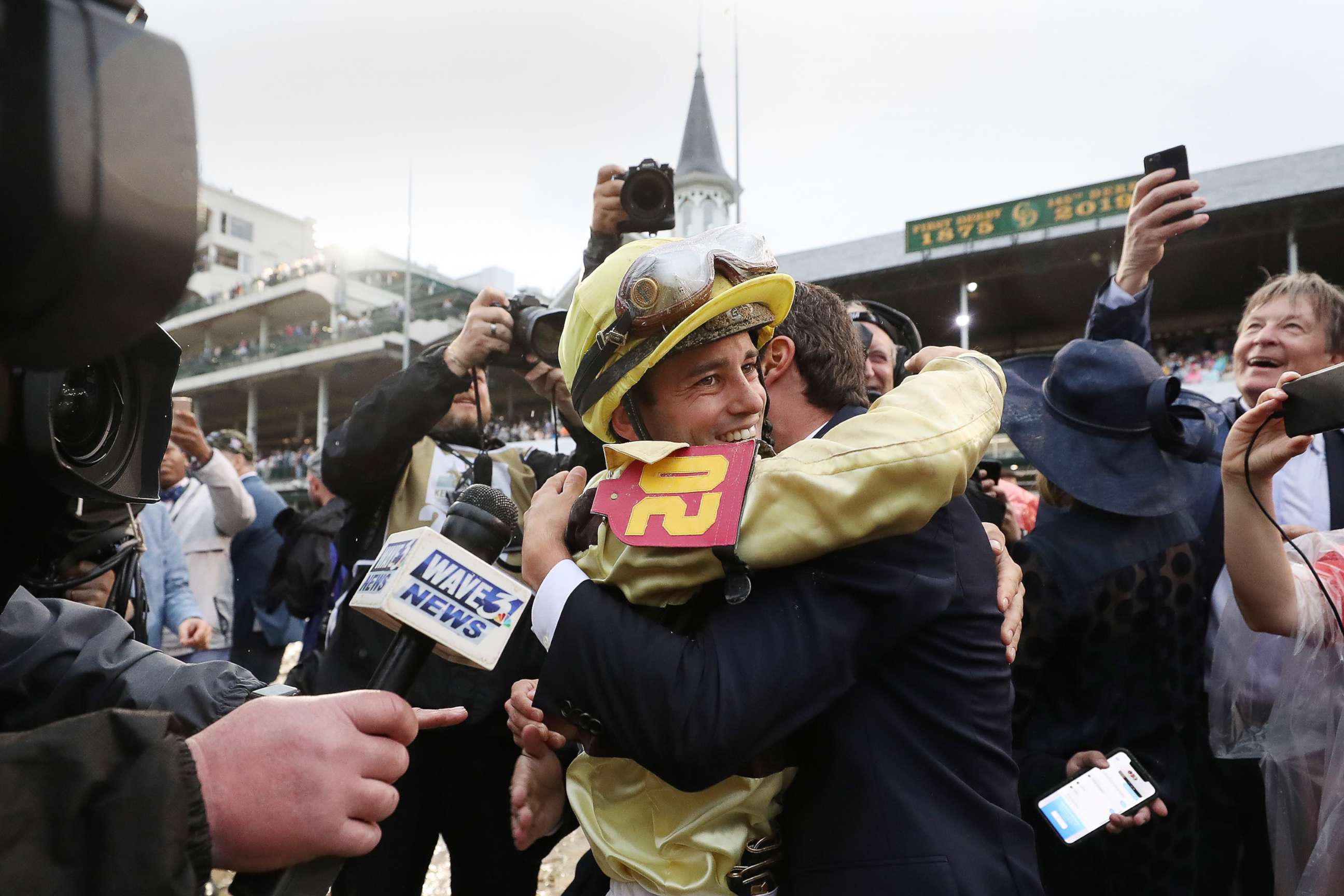 PHOTO: Jockey Flavien Prat celebrates after the Kentucky Derby aboard Country House at Churchill Downs, May 4, 2019 in Louisville, Ky.