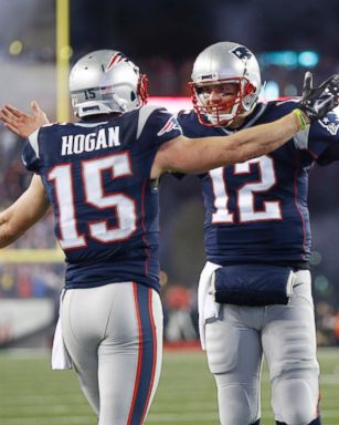 PHOTO: New England Patriots quarterback Tom Brady celebrates after throwing a touchdown pass to wide receiver Chris Hogan against the Pittsburgh Steelers during the 2017 AFC Championship Game in Foxborough, Massachusetts, Jan. 22, 2017.